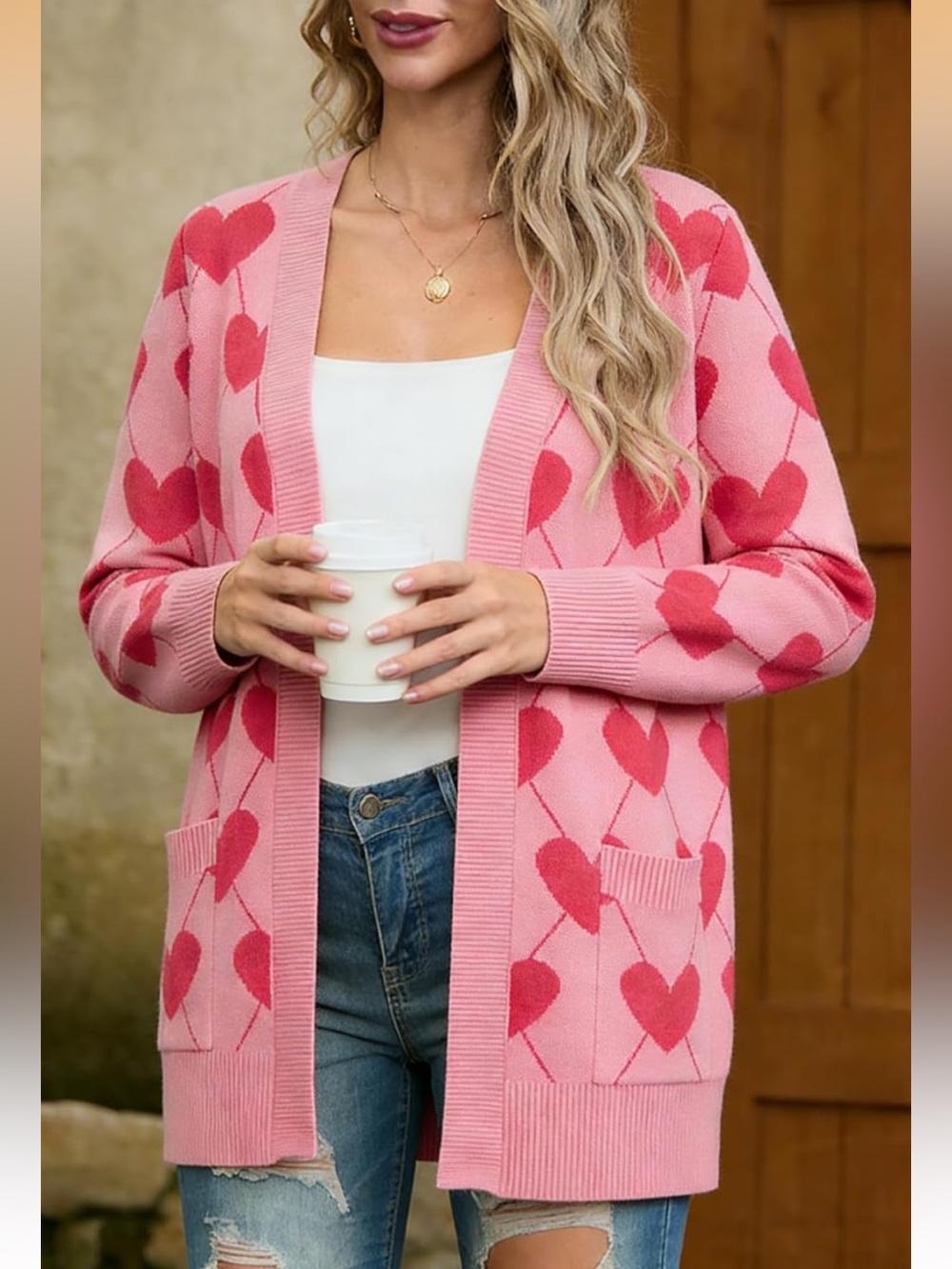 Pink Heart Pattern Open-Front Cardigan - Picture 4 of 7